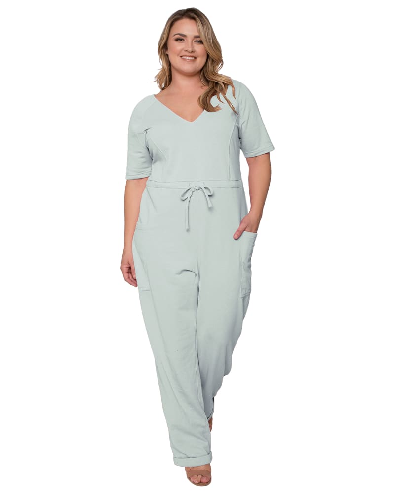 Front of a model wearing a size 1X Easy Fit Sweat Lounge Jumpsuit in Sage by Standards & Practices. | dia_product_style_image_id:280575